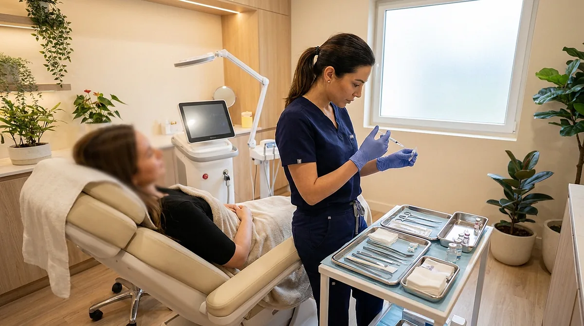 Profissional durante avaliação de harmonização facial em consultório