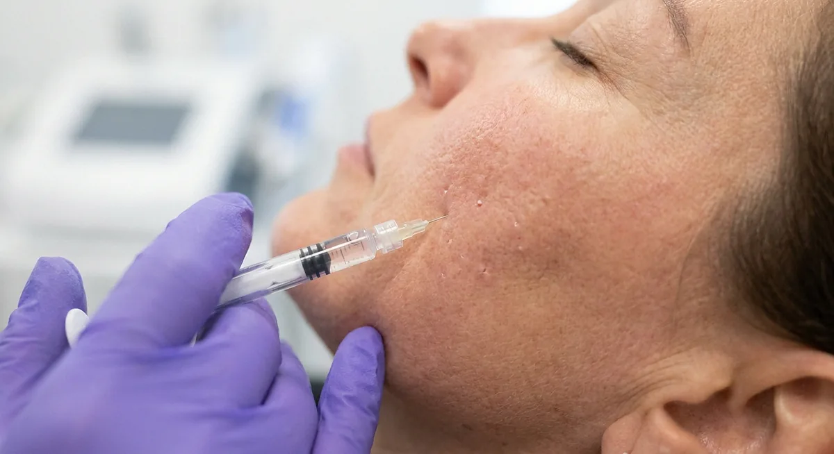 Aplicação de skinbooster em pele do rosto, procedimento em close