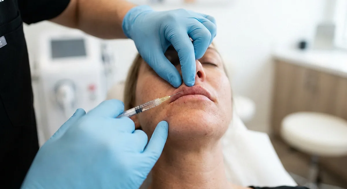 Aplicação de preenchimento labial em close